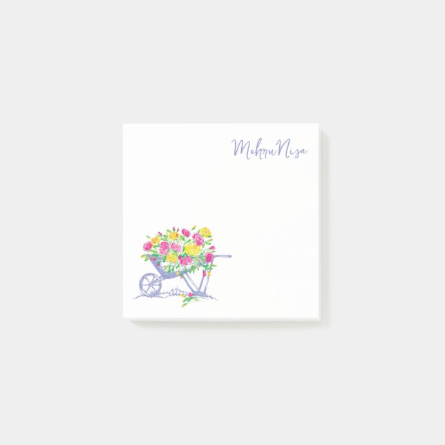 Customized Watercolor Roses | Rustic WheelBarrow Post-it Notes (Front)