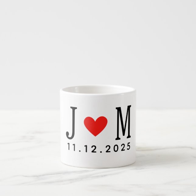 Customized wedding Couple Name Date Red Love Espresso Cup (Front)
