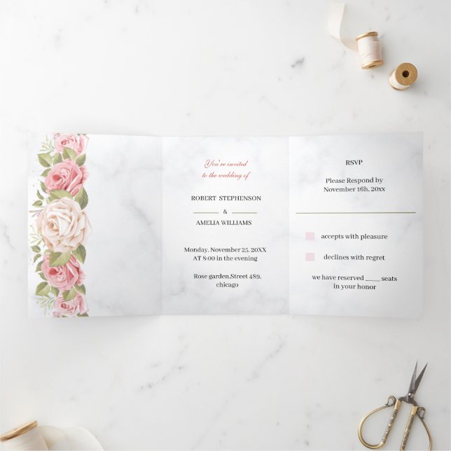 Customized Wedding Elegant Rose Flower Tri-Fold Invitation (Inside)