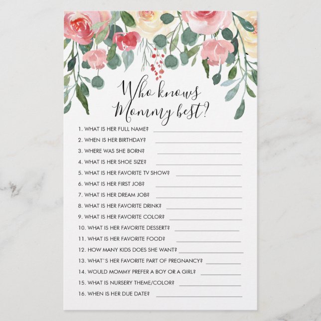 Customized Who knows Mommy Best? Baby Shower Game (Front)