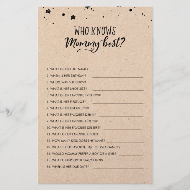 Customized Who knows Mommy Best? Baby Shower Game (Front)