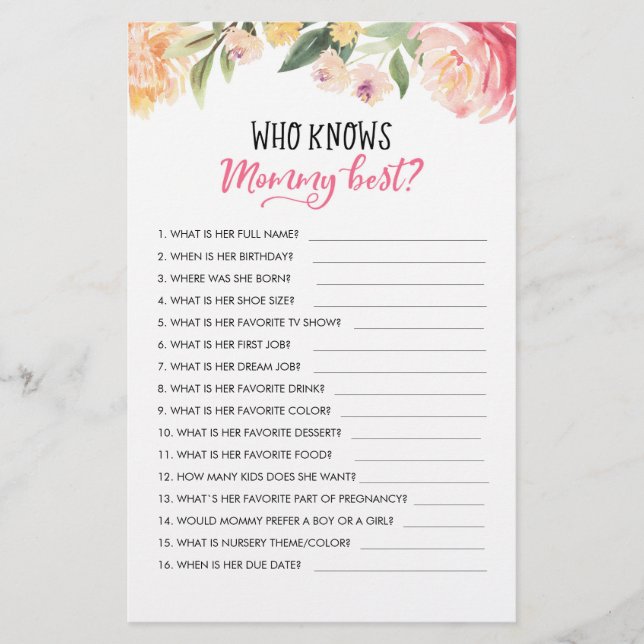 Customized Who knows Mommy Best? Baby Shower Game (Front)