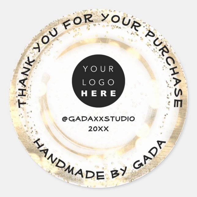  CustomLogo ThankYou Handmade White Gold Confetti  Classic Round Sticker (Front)