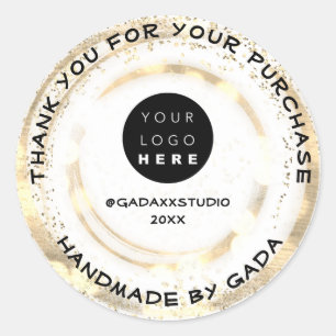  CustomLogo ThankYou Handmade White Gold Confetti  Classic Round Sticker