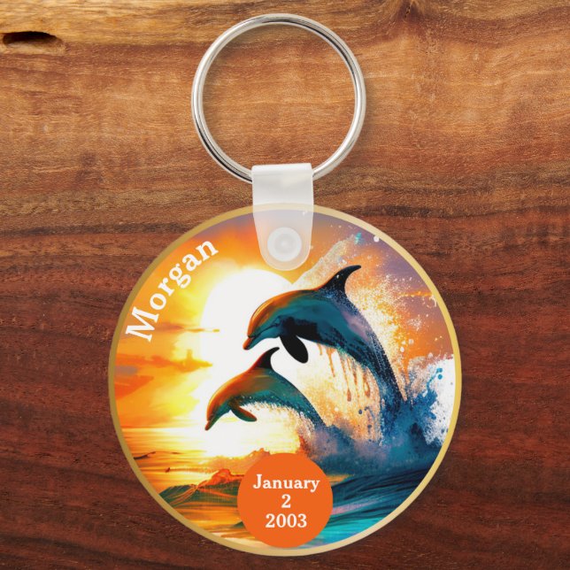 CustomSobriety Milestone Gift - Dolphin Sunset Keychain (Front)