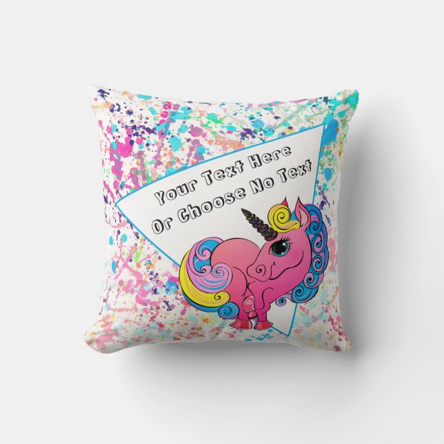 CustomText/ 1990s 90s Colourful Retro Pink Unicorn Throw Pillow (Front)
