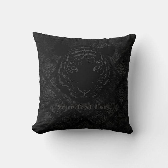 CustomText/ Elegant Black Glitter Tiger Damask Throw Pillow (Front)