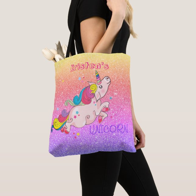 CustomText/ Rainbow Kawaii Unicorn Glitter Ombre Tote Bag (Close Up)
