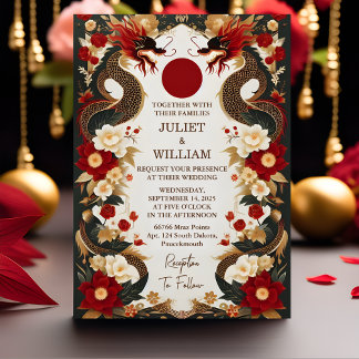 Cut Asian Modern Floral Chinese Bilingual Wedding Invitation