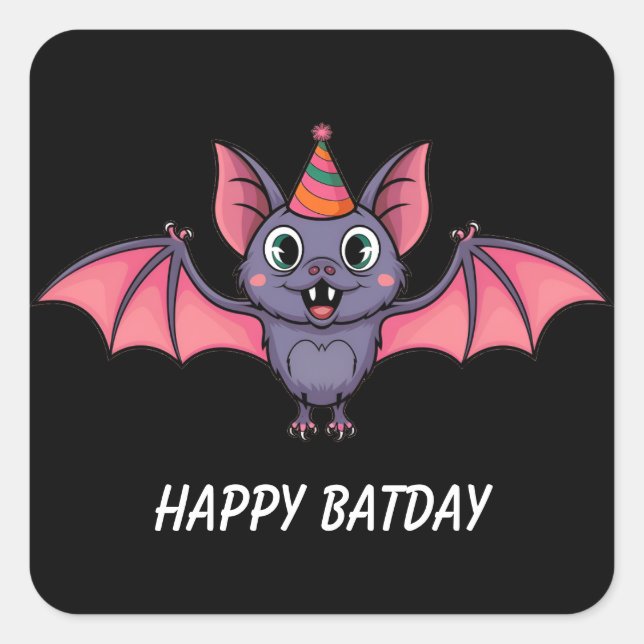 cut bat wearing birthday hat square sticker (Front)
