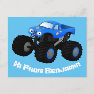 Cut blue monster truck cartoon illustration postcard