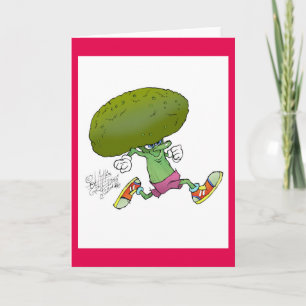 Cut cartoon running Broccoli on a greeting card. Card