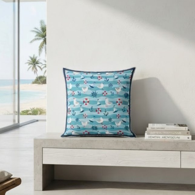 Cut Coastal Beach House Blue Marine Pattern  Throw Pillow (Creator Uploaded)