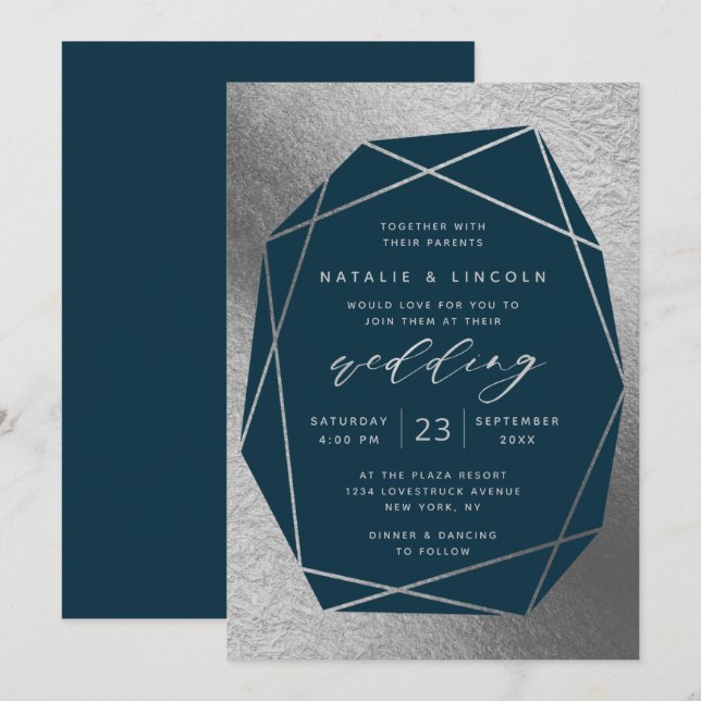 Cut Gemstone Any Colour Faux Silver Foil Wedding Invitation (Front/Back)
