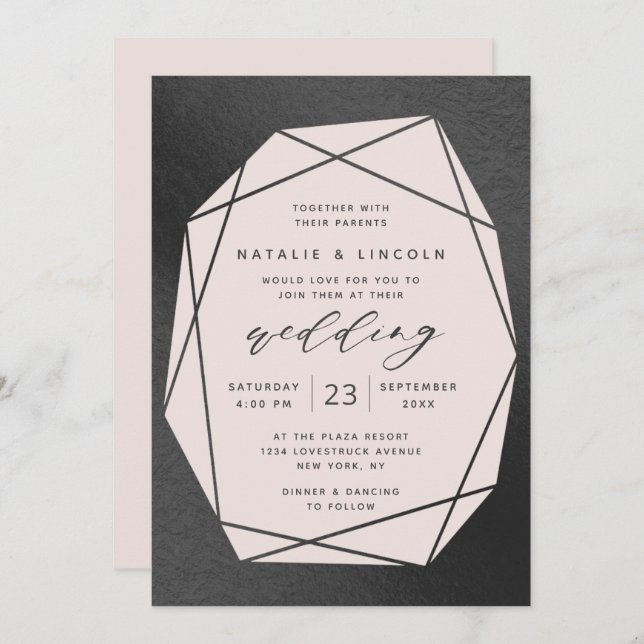 Cut Gemstone Blush Pink & Black Foil Wedding Invitation (Front/Back)