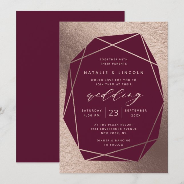 Cut Gemstone Burgundy Wine Rose Gold Foil Wedding Invitation (Front/Back)