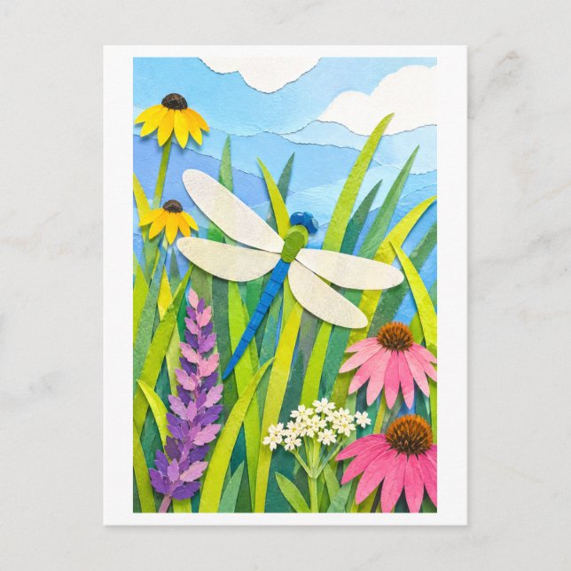 Cut Paper Collage-Style Dragonfly Postcard (Front)