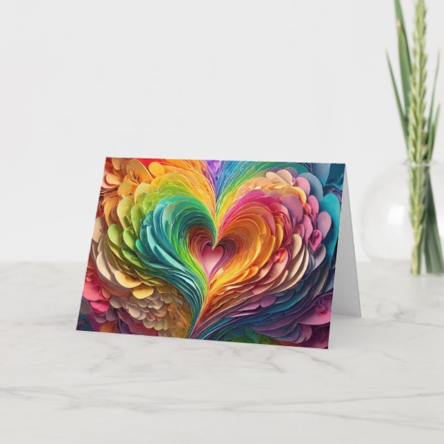 Cut paper hearts in rainbow colours holiday card (Front)