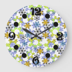 Cut paper snowflakes multicolored on white large clock