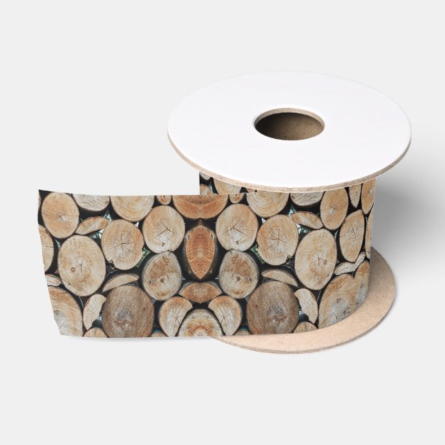 Cut Tree Branch Logs Stacked Pattern Photograph Satin Ribbon (Spool)