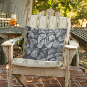 Cut Tree Logs Stacked Together Black & White Photo Outdoor Pillow