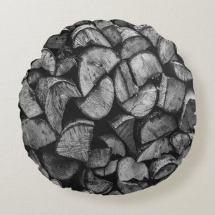 Cut Tree Logs Stacked Together Black & White Photo Round Pillow