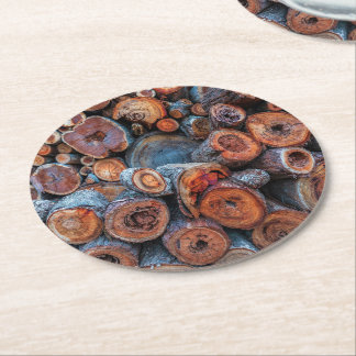 Cut Tree Logs Stacked Together Pattern Photograph Round Paper Coaster