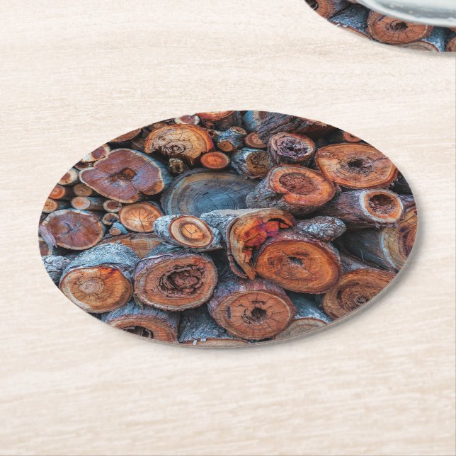 Cut Tree Logs Stacked Together Pattern Photograph Round Paper Coaster (Angled)