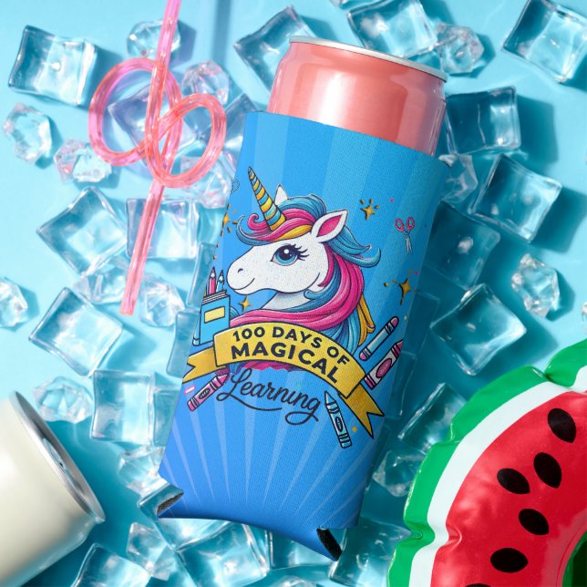 Cute 100 Days of School Magical Learning Unicorn Seltzer Can Cooler (In Situ Summer)