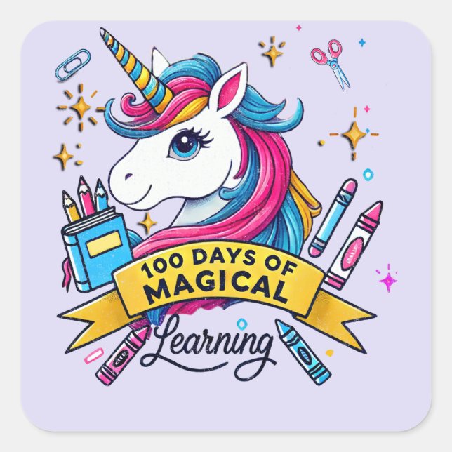 Cute 100 Days of School Magical Learning Unicorn Square Sticker (Front)