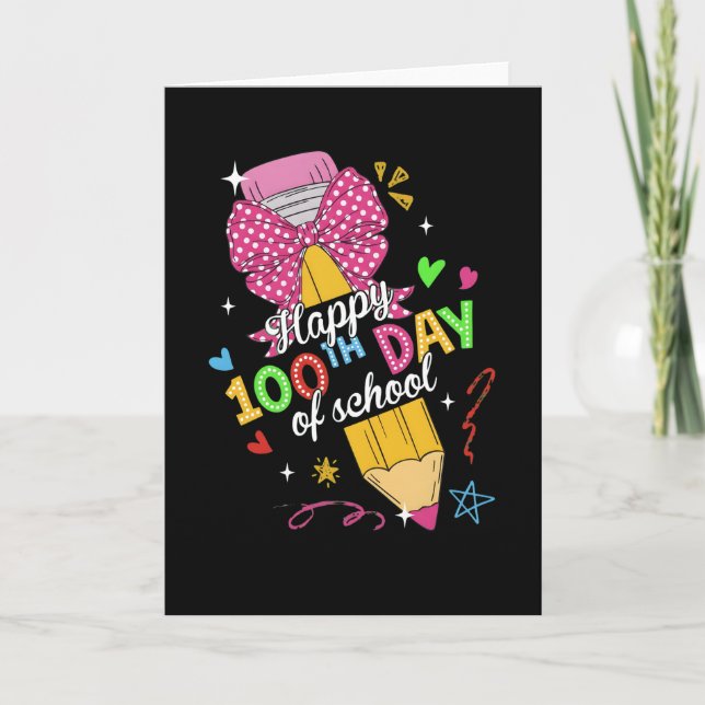 Cute 100 Days Of School Pencil Bow Classroom Theme Card (Front)