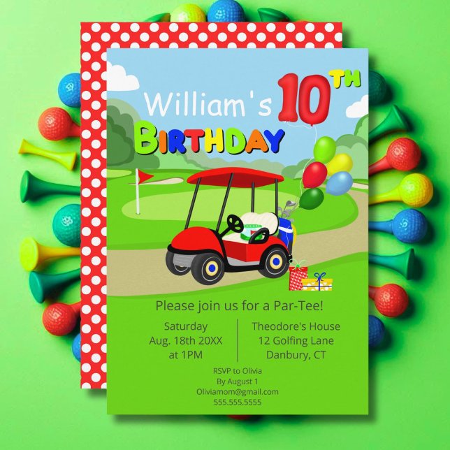 Cute 10th Birthday Red Golf Cart Boy's Invitation (Creator Uploaded)