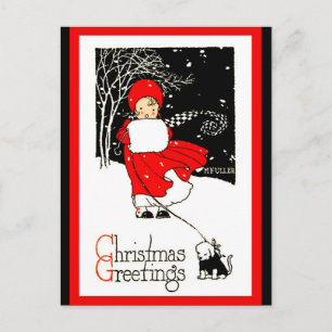Cute 1920's Christmas Girl Muff Dog Red Black copy Postcard