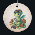 Cute #1 Dad Dragon Christmas Ornament<br><div class="desc">Celebrate the world's greatest dad with this adorable #1 Dad Dragon ceramic Christmas ornament! This playful design features a cute green dragon relaxing with a warm mug of coffee labeled "#1 Dad, " surrounded by classic dad hobbies like sports gear, tools, snacks, and gaming. Wearing a cool baseball cap and...</div>