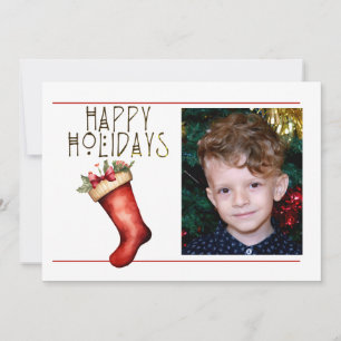 Cute 1 Photo HAPPY HOLIDAYS RED CHRISTMAS STOCKING Holiday Card