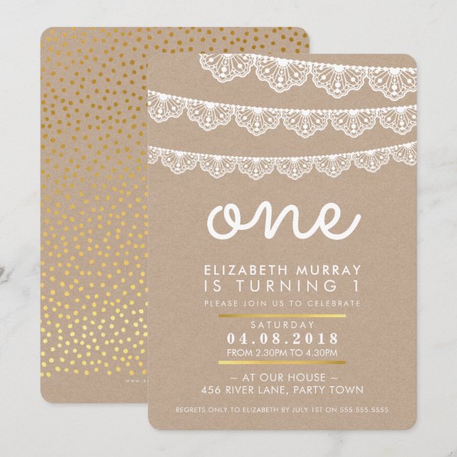 CUTE 1er anniversaire fête INVITATION dentelle rus (Devant / Derrière)