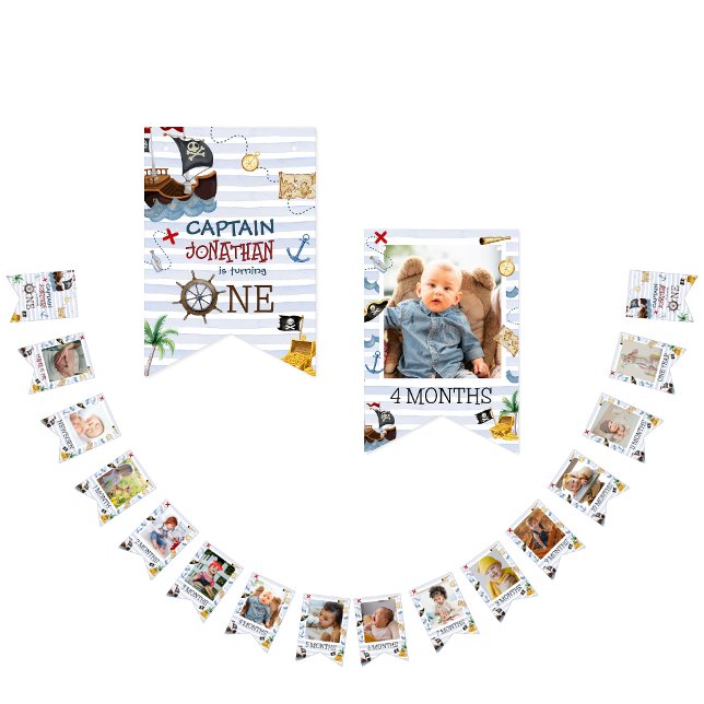 Cute 1st Birthday 12 Month Photo Milestone Pirate Bunting Flags (Creator Uploaded)