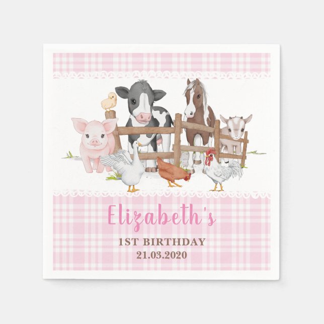 Cute 1st Birthday Farm Animals Barnyard Kids Napkin (Front)
