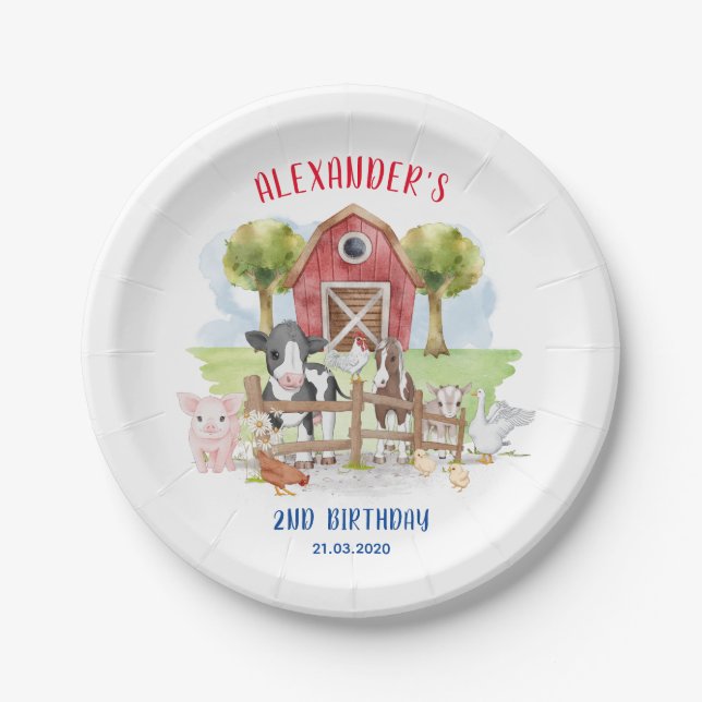 Cute 1st Birthday Farm Animals Barnyard Kids Paper Paper Plate (Front)