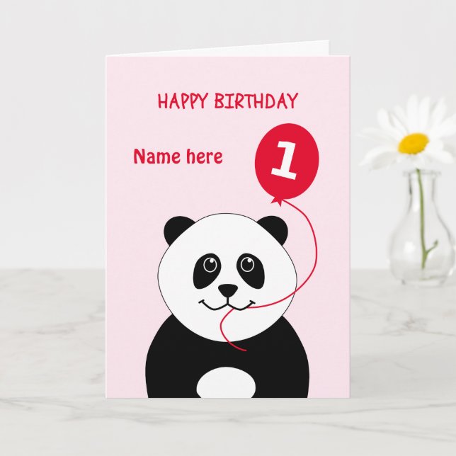 Cute 1st birthday panda add name pink card (Small Plant)