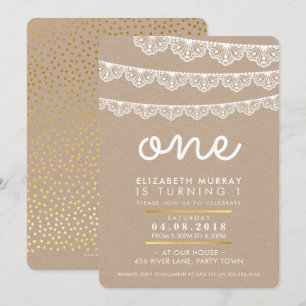 CUTE 1st birthday party INVITE rustic lace bunting
