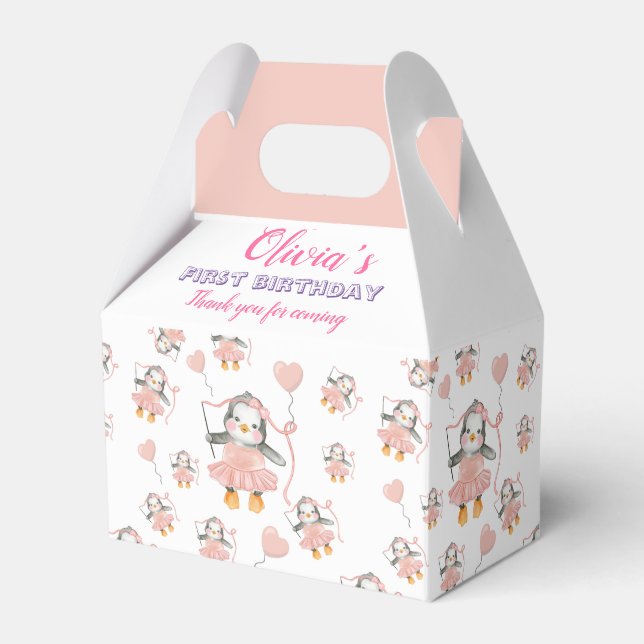 Cute 1st Birthday Penguin Ballerina Pink Party Favor Box (Front Side)