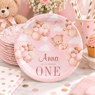 Cute 1st Birthday Teddy Bear Baby Birthday Pink Paper Plate