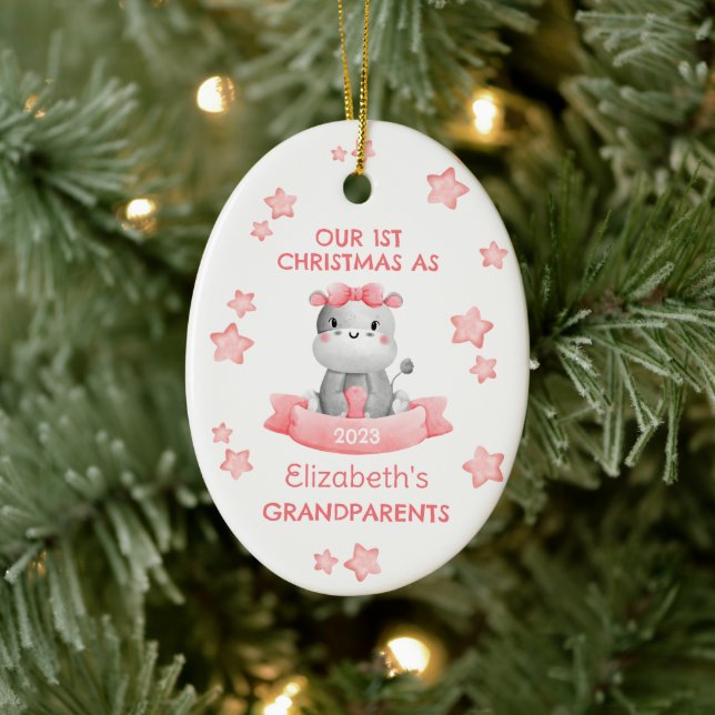 Cute 1st Christmas Grandparents Baby Girl Hippo Ceramic Ornament (Tree)