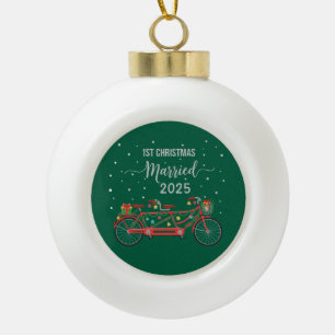 Cute 1st Christmas Married 2025 Tandem Bicycle Ceramic Ball Christmas Ornament