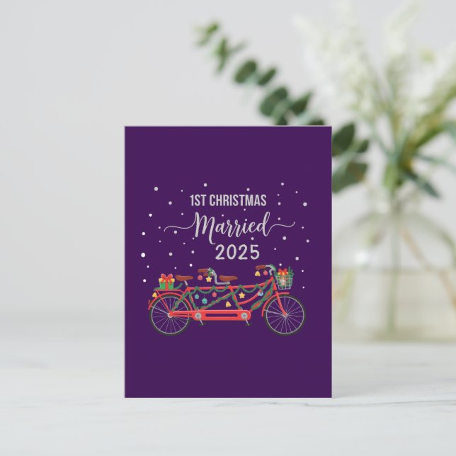 Cute 1st Christmas Married 2025 Tandem Bicycle  Postcard (Standing Front)