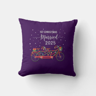 Cute 1st Christmas Married 2025 Tandem Bicycle  Throw Pillow