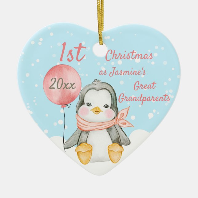 Cute 1st Christmas Penguin Great Grandparents Pink Ceramic Ornament (Front)