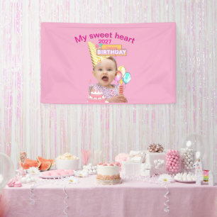Cute 1st First Birthday Pink Personalized Photo Banner