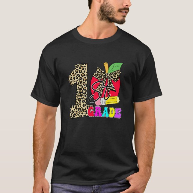 Cute 1st Grade Teacher Students Leopard Apple Back T-Shirt (Front)